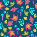 Vector bright seamless pattern with autumn leaves and mushrooms Royalty Free Stock Photo