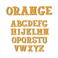 Vector bright sign Orange Juice. Children style Font. Funny glossy Alphabet Letters