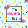 Vector of bright summer cards. Beautiful summer posters with watermelon, bananas and text. Memphis.Journal cards.