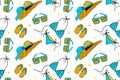 Vector bright summer seamless pattern with various beach items, sunglasses, bathing suit, slippers and hat. It can be used for Royalty Free Stock Photo