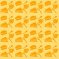 Vector bright yellow pattern with hamburger, spoon, fork, coffee cup and cake Royalty Free Stock Photo