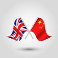 Vector british and chinese flags on silver sticks - symbol of united kingdom and china