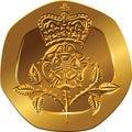 Vector British money gold coin twenty pences with the Crowned rose flower Royalty Free Stock Photo