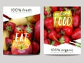 Vector brochure design template with blur background with fruits and eco labels. Healthy fresh food, vegetarian, eco concept