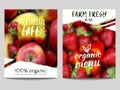 Vector brochure design template with blur background with fruits and eco labels. Healthy fresh food, vegetarian, eco concept.