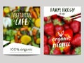 Vector brochure design template with blur background with vegetables, fruits and eco labels. Healthy fresh food, vegetarian, eco