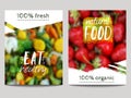 Vector brochure design template with blur background with vegetables, fruits and eco labels. Healthy fresh food, vegetarian, eco