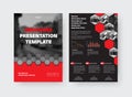 Vector brochure template with presentation of creative geometric design, red hexagons, place for photo, info on black background