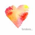 Vector broken heart made of watercolor. Handdrawn mood emblem.