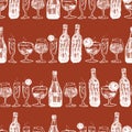 Vector brown baritalia monochrome wine bottles and wine glasses sketch illustration seamless pattern. Perfect for fabric
