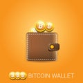 Vector brown bitcoin wallet with coins isolated on orange background. bitcoin business concept