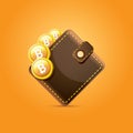 Vector brown bitcoin wallet with coins isolated on orange background. bitcoin business concept