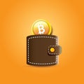 Vector brown bitcoin wallet with coins isolated on orange background. bitcoin business concept