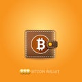 Vector brown bitcoin wallet with coins isolated on orange background. bitcoin business concept