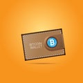 Vector brown bitcoin wallet with coins isolated on orange background. bitcoin business concept