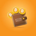 Vector brown bitcoin wallet with coins isolated on orange background. bitcoin business concept