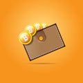 Vector brown bitcoin wallet with coins isolated on orange background. bitcoin business concept