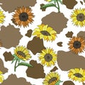 Vector Brown Cow Print with Sunflowers seamless pattern background Royalty Free Stock Photo