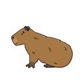 Vector brown cute cartoon outline Capybara smiles and lying on the ground, eyes closed, dreaming or sleeping. Doodle isolated