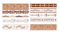 Vector brown seamless borders with coffee grains and cups