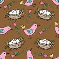 Vector brown seamless pattern with nest and pink birds. Hand drawn spring easter background Royalty Free Stock Photo