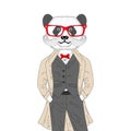 Vector brutal panda in elegant classic suit with coat. Hand draw