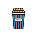 Vector bucket of popcorn, takeaway flat color line icon. Royalty Free Stock Photo