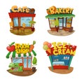 Set of four vector buildings of cafe, bakery, farm shop and Ice cream shop