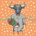 Vector bull with flowers celebrating Valentines Day