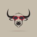 Vector of bull head wearing red sunglasses on brown background. Wild Animals. Animal fashion. Easy editable layered vector Royalty Free Stock Photo