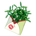 Vector bunch of outline Mistletoe with green leaves, berry and red lipstick kiss in open craft envelope isolated on white.
