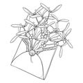 Vector bunch of outline Mistletoe with leaves and berry in open craft envelope in black isolated on white background.