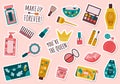 Vector Bundle of flat beauty products, makeup, bags, slogans. Royalty Free Stock Photo