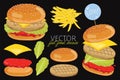 Vector burgers on black background.