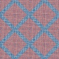 Vector burlap effect seamless pattern background. Red hessian fibre diamond tiles blended onto dense blue linen texture