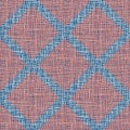 Vector burlap effect seamless pattern background. Red hessian fibre diamond tiles blended onto dense blue linen texture