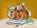 Vector burnt shrimps on table,shrimp doodle