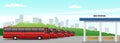 Vector bus station, intercity buses on the background of the cityscape in the distance. Modern flat vector illustration for banner Royalty Free Stock Photo