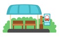 Vector bus stop icon. Cartoon public transport waiting station. City or countryside transportation clipart with greenery, benches