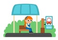 Vector bus stop icon with waiting girl. Cartoon public transport station. City or countryside transportation clipart with greenery