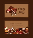 Vector business card template with cartoon chocolate candies for pastry shop