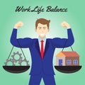 Work Life Balance Cogwheel And Home Hanging On Arms Of Businessman