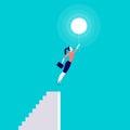 Vector business concept illustration with business lady flying up with air balloon from stairs isolated on blue background. Royalty Free Stock Photo