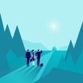 Vector business concept illustration with business people standing at forest edge & watching on horizon city.