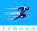 Vector business concept illustration. Businessman came to the finish line first