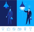 Vector business concept illustration. Businessman in dark and light in the room.