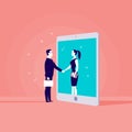 Vector business concept illustration with businessman & lady shaking hands, girl standing in tablet screen.
