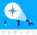 Vector business concept illustration. Businessman points on the compass.