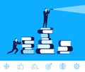 Vector business concept illustration. Businessman standing on a books