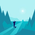 Vector business concept illustration with businessman standing at forest edge and watching on horizon city. Royalty Free Stock Photo